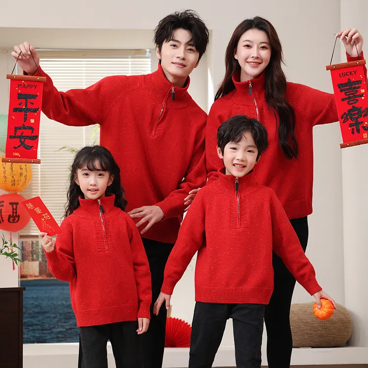 亲子装直播一家三口中国风红色2025加厚过年国风亲子装母子拜年服