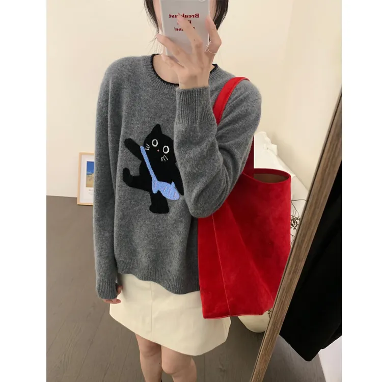 1337大码女装秋季圆领卡通猫咪针织衫韩系百搭长袖上衣【退运补贴】
