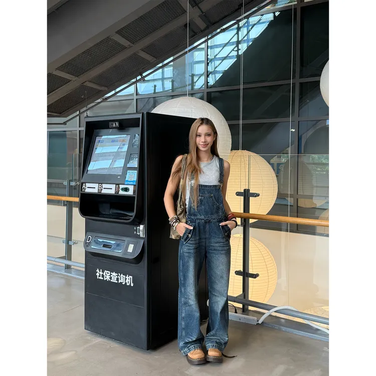 YZBZ燕子别走美式复古做旧牛仔背带裤宽松直筒休闲吊带裤子