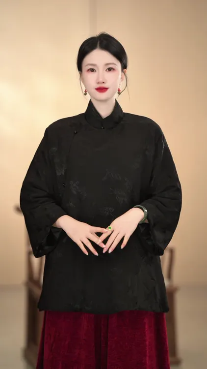 「黑色九儿」新中式网红复古时尚中国风秋冬汉服黑色立领斜襟长袖