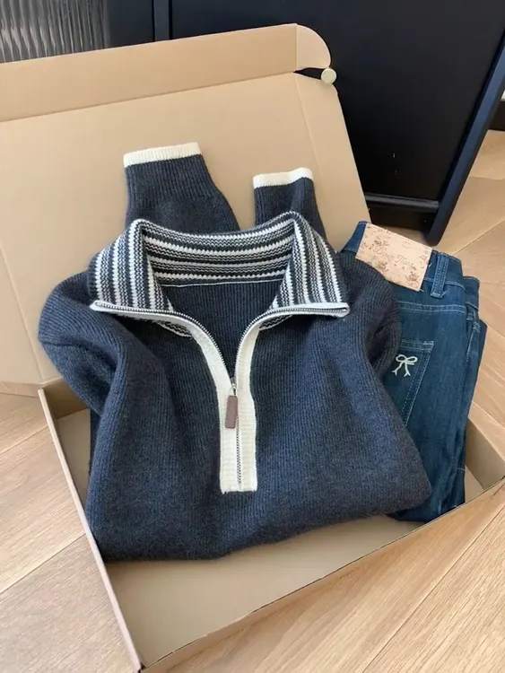 高级感韩系慵懒风半拉链立领毛衣秋冬新款休闲洋气撞色百搭毛衣女