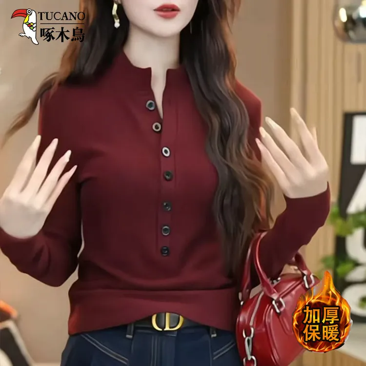 啄木鸟秋冬爆款设计感别致纽扣半高领上衣加厚保暖德绒衫气质百搭