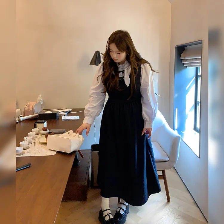徐达布【唱片漫心】大码连衣裙女微胖秋季藏青长袖裙子L37479C53