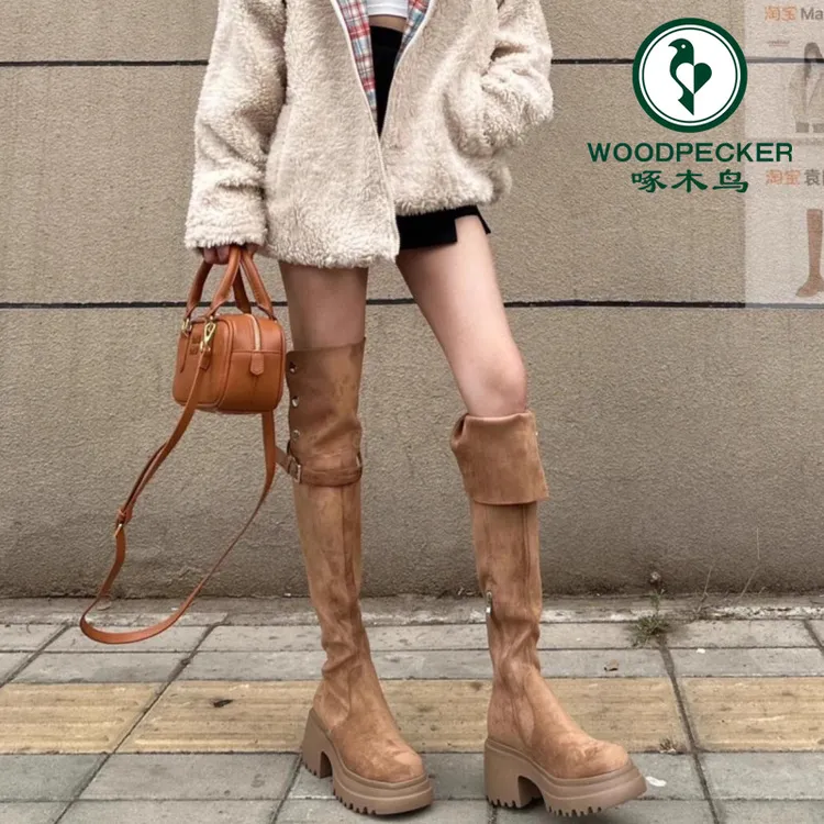 啄木鸟过膝长筒靴子棕色厚底8CM美拉德显瘦两穿高筒骑士靴女秋冬