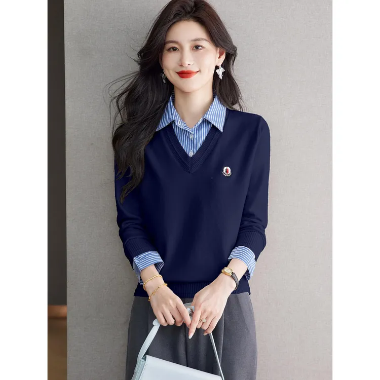 学院风假两件针织衫女长袖条纹拼接t恤秋冬2025新款洋气打底上衣