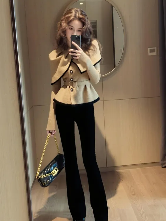 巨好看的初冬外套高端时髦洋气小个子独特别致气质卡其色针织上衣