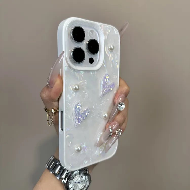 立体爱心珍珠梦幻贝壳纹适用iPhone16pro手机壳15promax全包14女