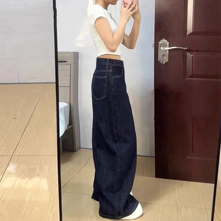 拉夏贝尔深蓝色显瘦裤子女春秋新款高腰牛仔裤百搭垂感直筒阔腿裤