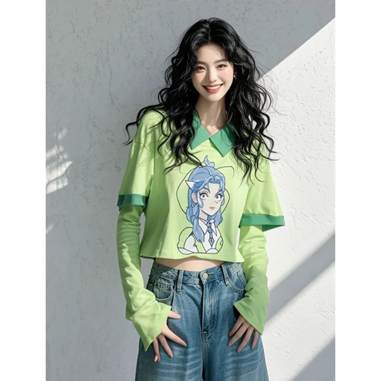 今年流行爆款小个子童趣t恤撞色绿翻领哪吒敖丙图案假两件上衣女