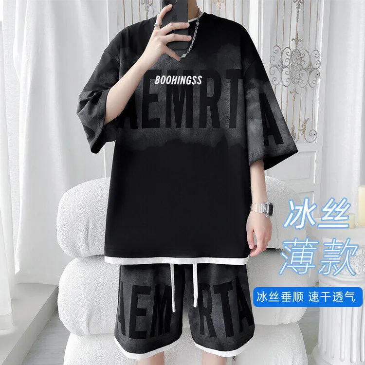 霄桂姿 冰丝t恤男夏季宽松潮流休闲男生薄款运动速干短袖短裤套装