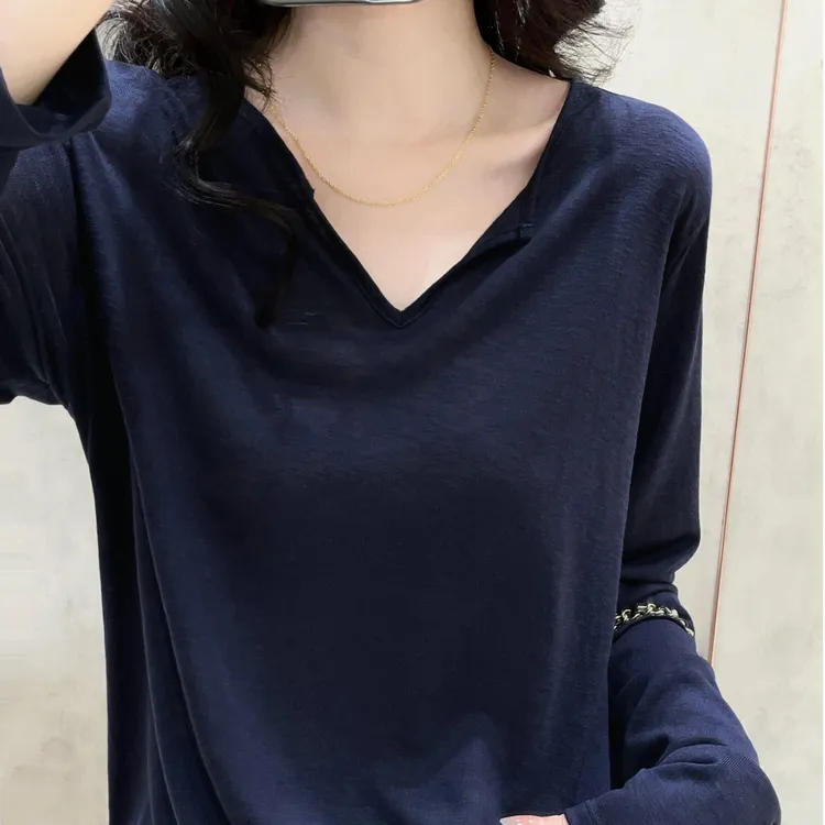 设计感小衫V领长袖T恤女早秋薄款纯色防晒宽松洋气衣服女上衣1251