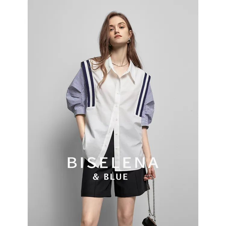 贝茜妮法式撞色短袖条纹衬衫女2025秋季新款时尚显瘦气质衬衣上衣