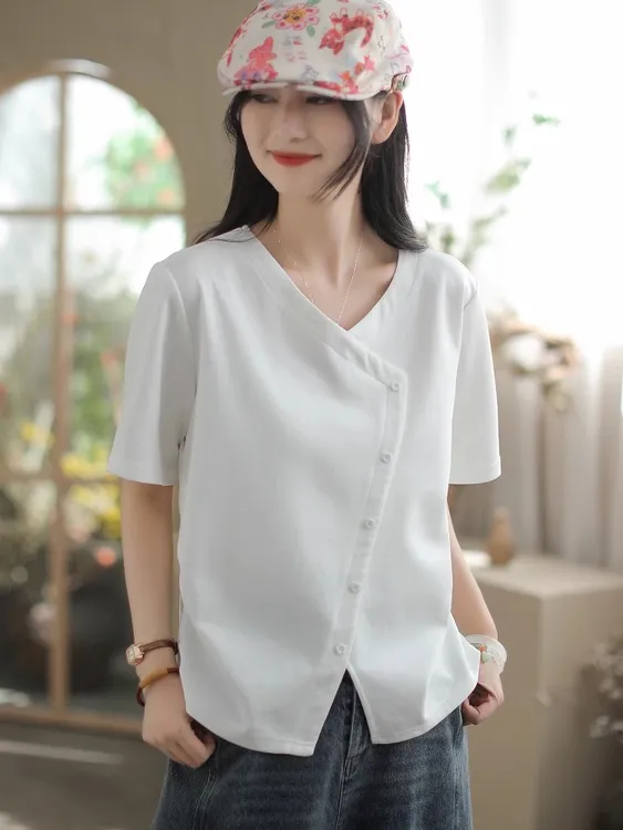 时尚简约百搭纯色减龄T恤女夏季新款个性门襟休闲短袖体恤女上衣