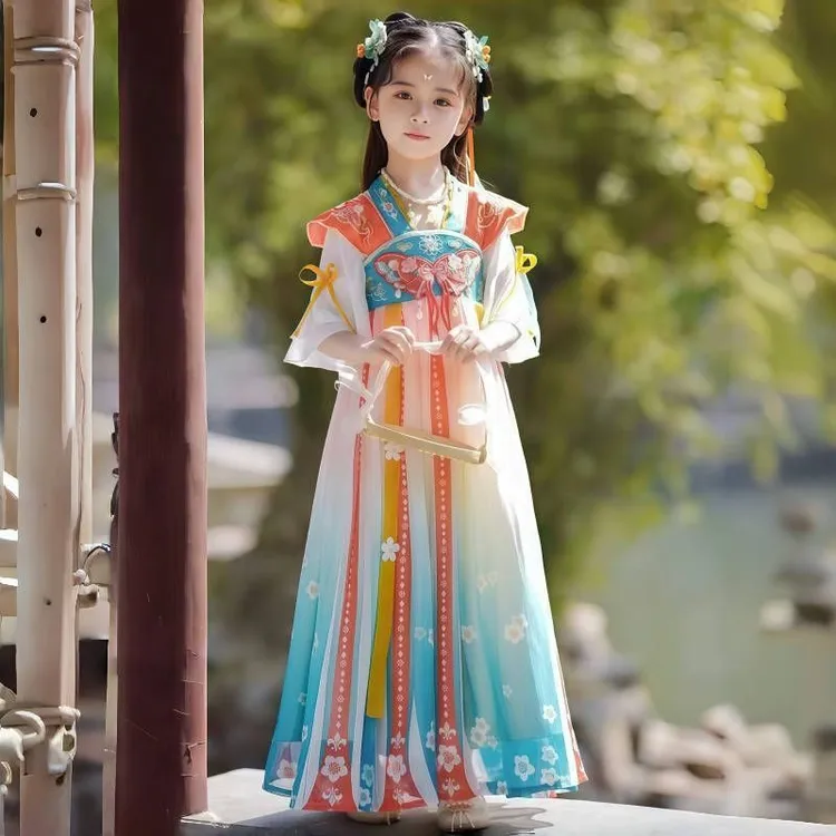 超仙古风夏季女童汉服中国风唐装古装中国齐胸新款儿童连衣裙短袖