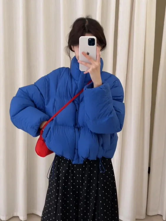 2025冬季新款韩系穿搭克莱因蓝棉服保暖外套女搭配休闲裤两件套潮