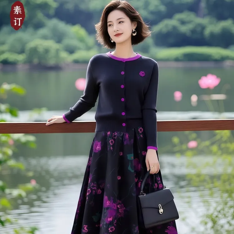 山茶花撞色针织衫+松紧后腰半身裙套装秋洋气时尚修身长袖两件套