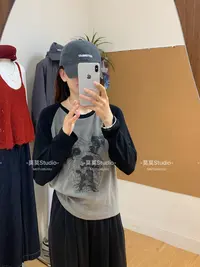 慵懒感~插肩撞色长袖T恤2025秋款素描狗狗印花休闲tee女-1201