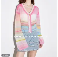 TY STUDIO汤圆法式2025秋季独特彩虹针织开衫灯笼袖撞色微喇毛衣