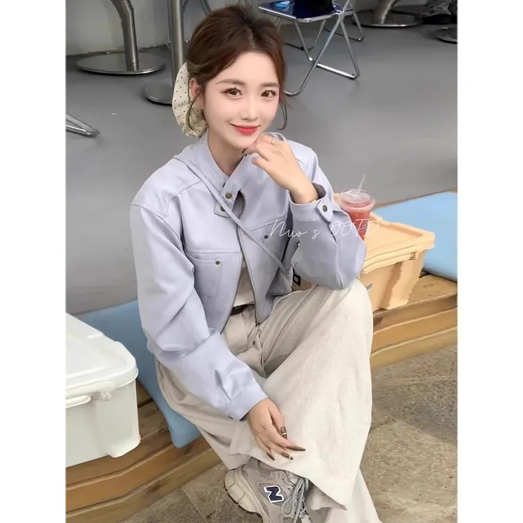 美式立领短款机车服pu皮衣外套女春季2025新款复古宽松显瘦夹克潮