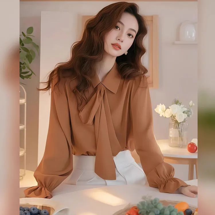WD欧式复古飘带蝴蝶结翻领衬衫女春夏季长袖薄款防晒宽松别致上衣