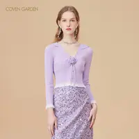 【蜜思仝】哥文花园短款V领翻领薄针织开衫女木耳边CTA3042200