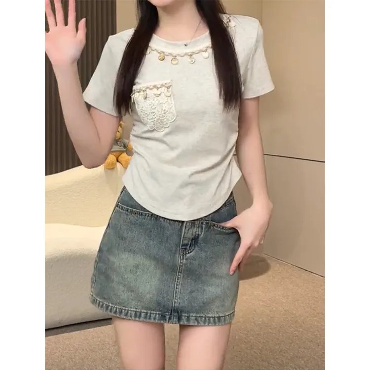 欧洲站高端减龄重工设计感圆领上衣2025新款胖mm宽松短袖T恤-6007