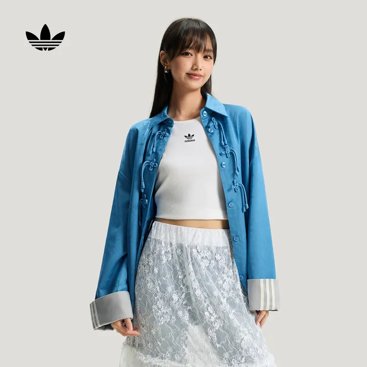 流光风 阿迪达斯三叶草 新中式提花休闲宽松运动夹克外套女KW1996