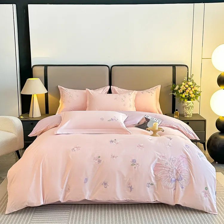 纯棉全棉四季款简约轻奢绣花亲肤床上用品四件套