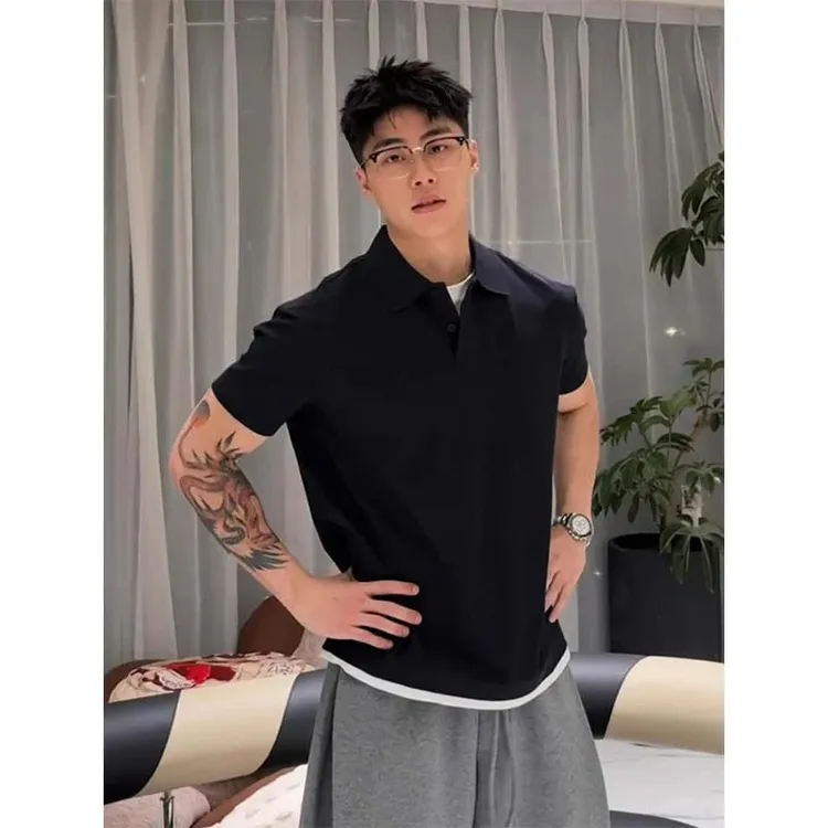 美式假两件正肩短袖男款polo衫高级感重磅宽肩t恤华夫格半袖