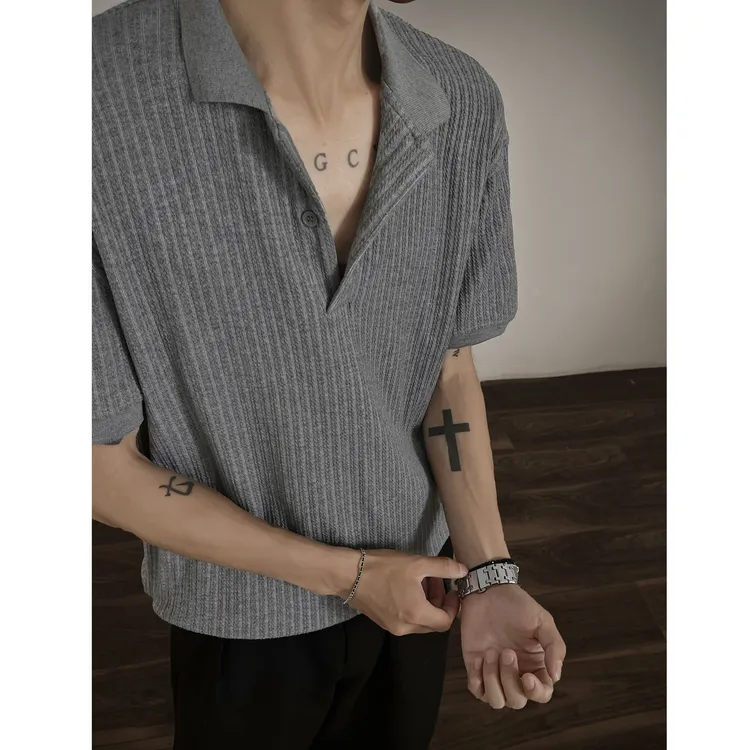 -EQME- 秋季新款静奢质感坚条浮亨利领 Polo短袖T恤Cleanfit简约