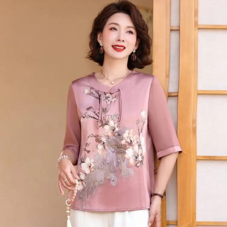 新中式国风上衣妈妈夏装中袖衬衫中老年人花色春秋雪纺小衫T恤女