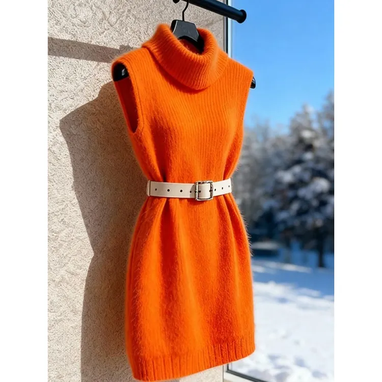 出席重要场合的裙子小个子气质收腰叠穿橘色针织高领背心连衣裙冬