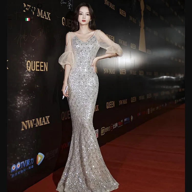 ZPPSN晚礼服新款2025爆款女轻奢小众鱼尾银色长裙设计感高端年会
