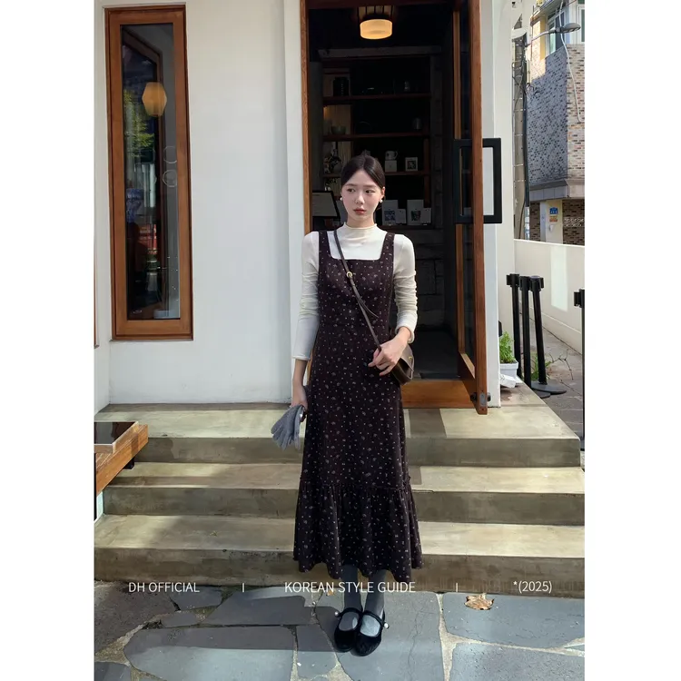 DH OFFICIAL 大花【雪绒花floral】知性风碎花灯芯绒收腰秋冬连衣裙