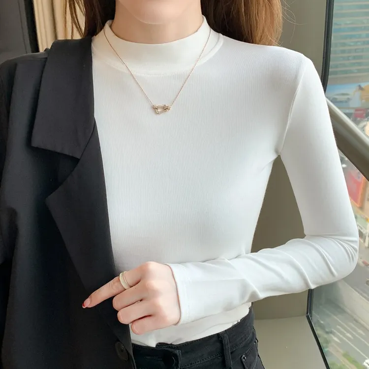 纯棉叠穿半高领打底衫女内搭2025秋冬新款洋气修身长袖t恤女上衣