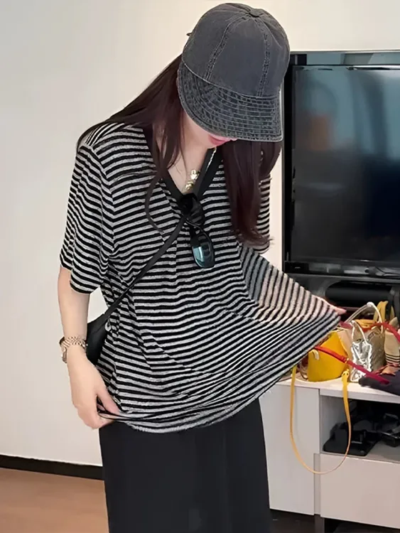 米蓝家名殿！巨显瘦～必备宽松韩版鹅蛋领条纹衫夏季条纹体恤衫7969