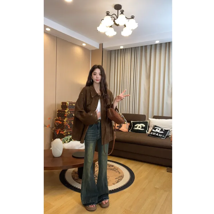 美式复古做旧微喇牛仔裤女秋季新款高腰显瘦弹力小个子马蹄喇叭裤