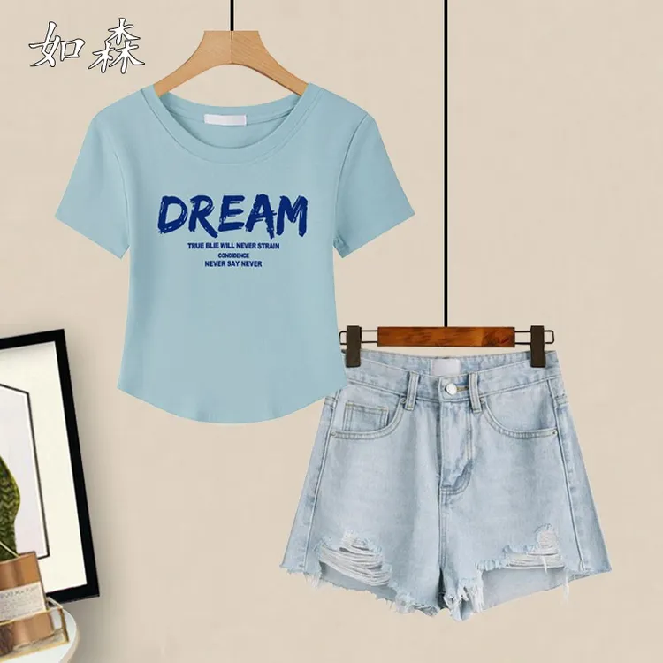 牛仔短裤套装女夏日穿搭多巴胺减龄小清新洋气短袖上衣热裤两件套