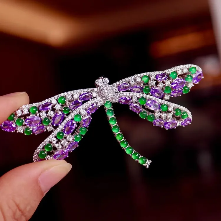 吊坠925银 爆款S925银镶嵌天然高冰满绿蛋面蜻蜓高端胸针吊坠两用