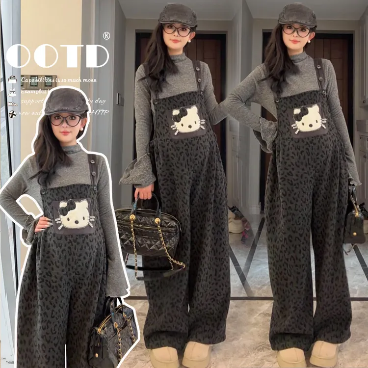 2025冬季韩版加绒加厚卡通背带裤+针织打底孕妇两件套套装