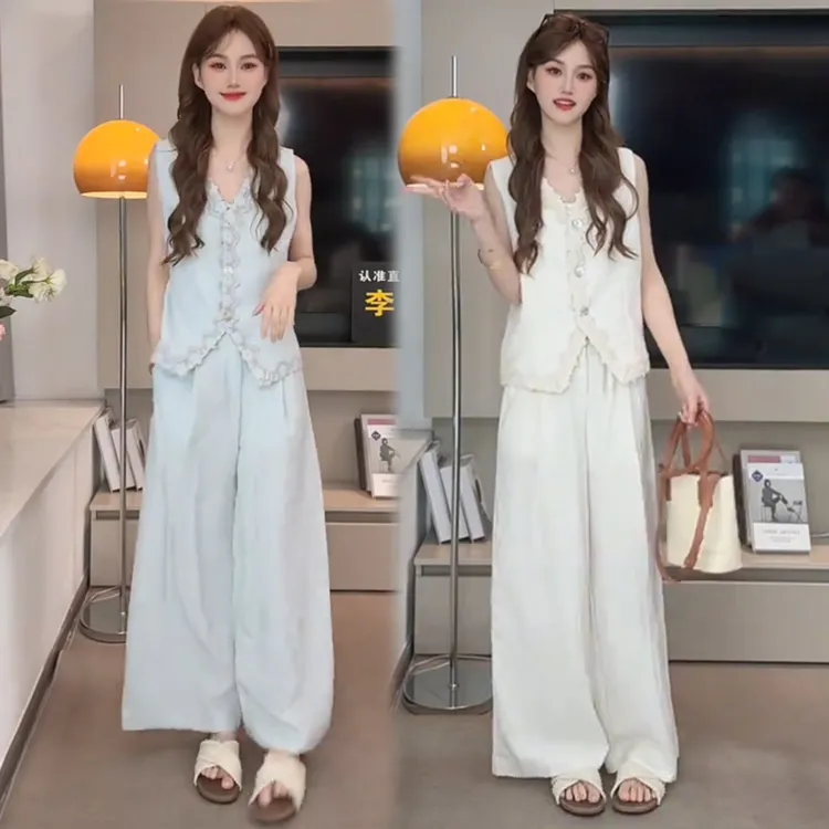时尚套装女2025夏季新款时髦洋气蕾丝花边无袖上衣阔腿裤两件套潮