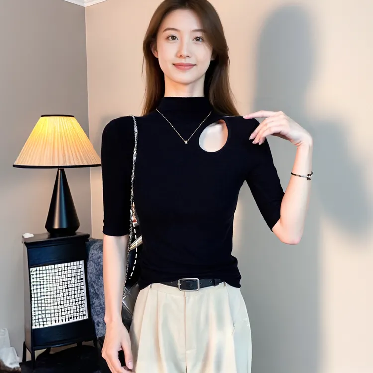 黑色打底衫螺纹中袖t恤女半高领镂空显瘦修身半袖五分袖上衣女款