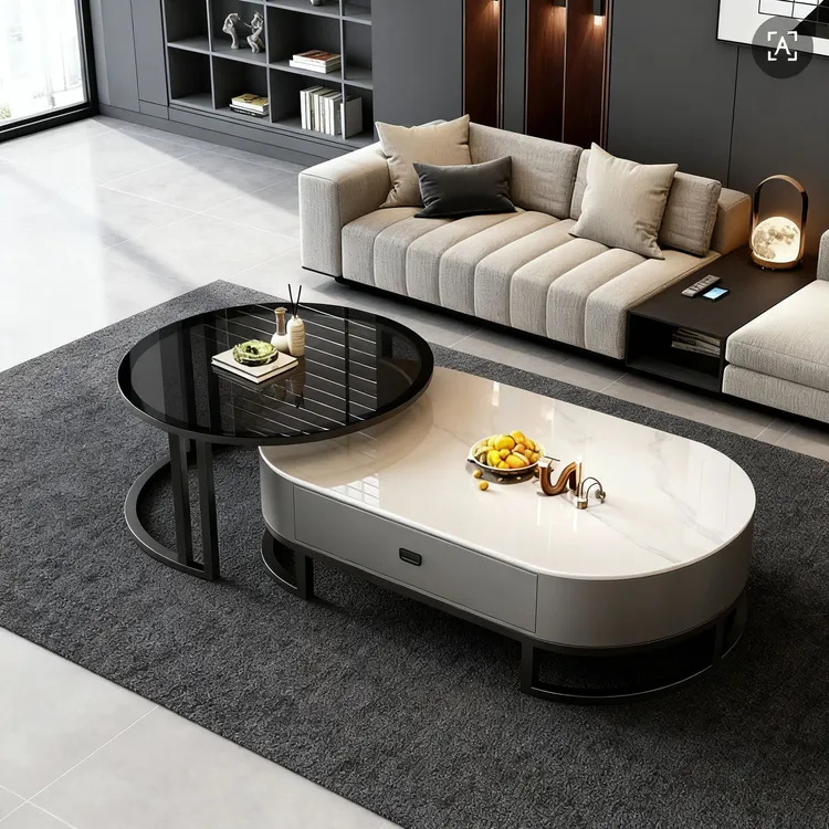 实木现代简约茶几岩板椭圆形茶桌轻奢客厅小户型2024新款网红家用