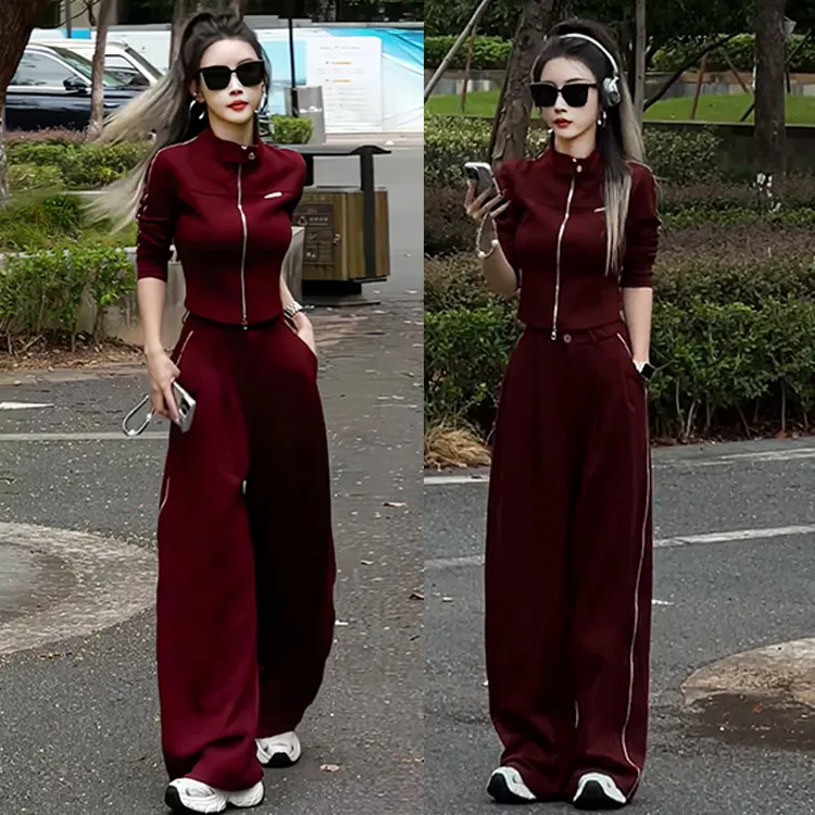 美式红色休闲运动套装女春秋新款百搭立领短款外套阔腿长裤两件套
