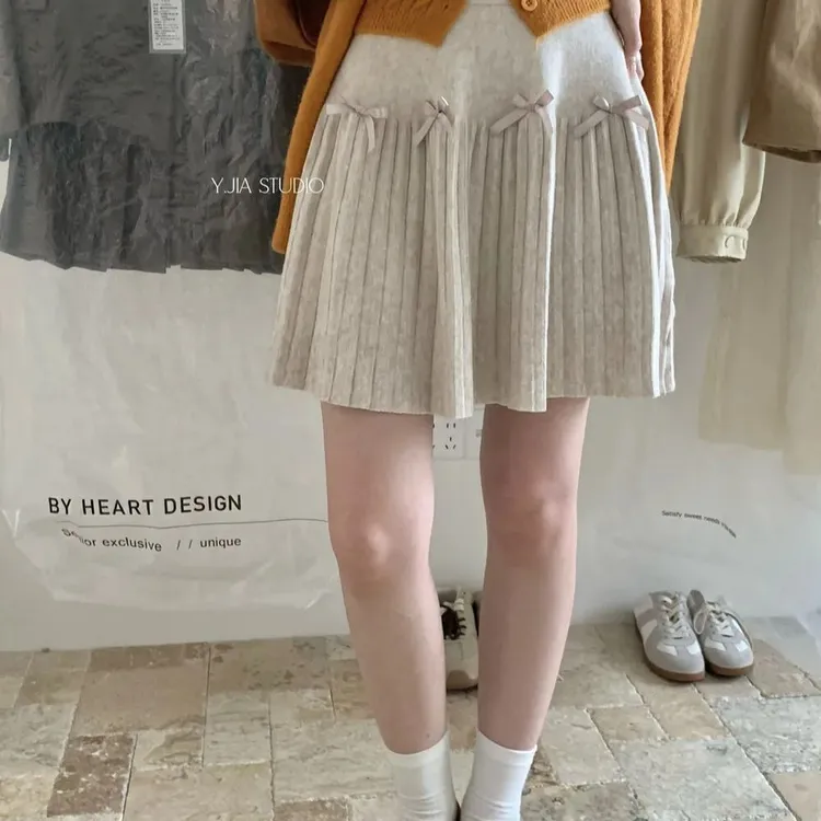 大码女装甜美高腰蝴蝶结针织百褶裙半身裙秋冬新款气质短裙女