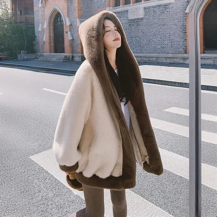 韩版慵懒风仿水貂绒皮草外套女冬季新款加棉加厚小个子连帽棉衣