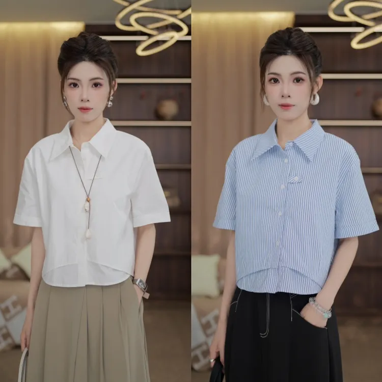 TITI定制【海岛热恋】轻奢气质设计感假两件拼接短袖衬衫TZ1717511