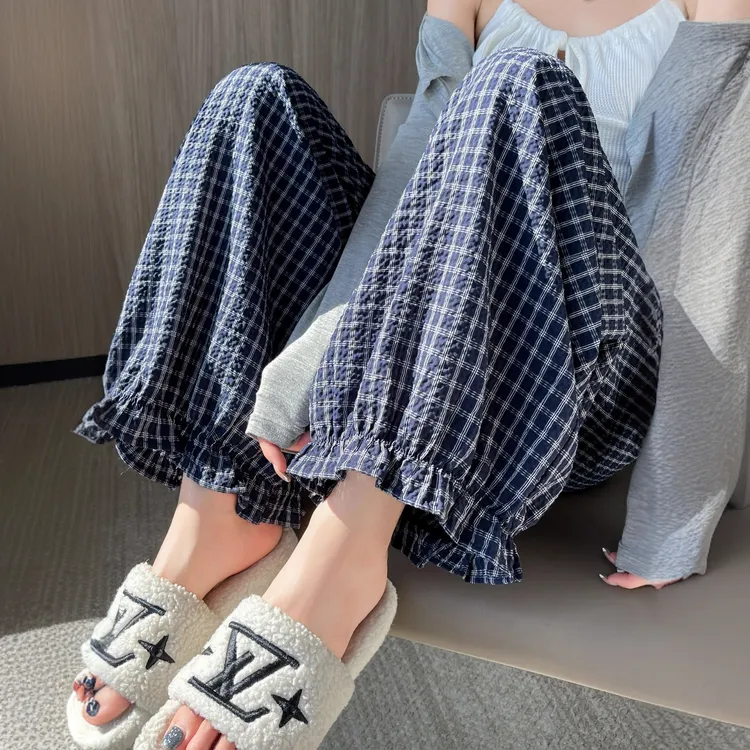 复古格子九分阔腿裤女夏季薄款2025新款高腰显瘦小个子防晒灯笼裤