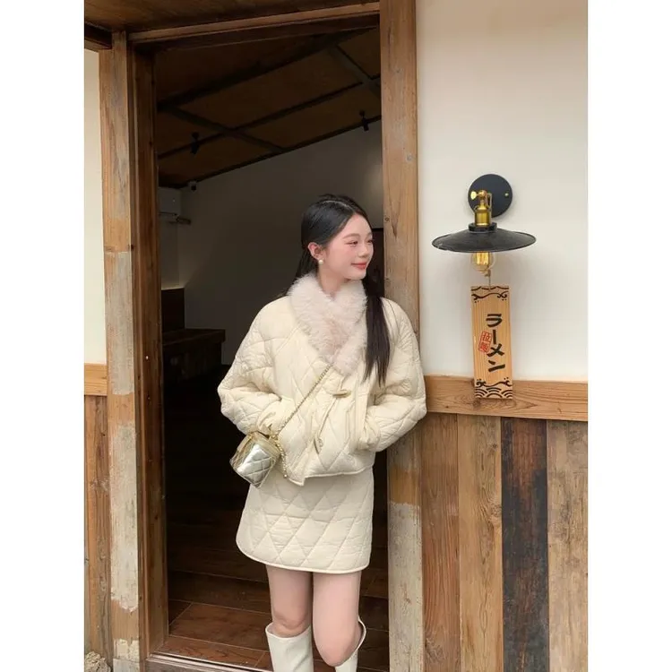 冬季穿搭时尚气质洋气菱格棉服套装