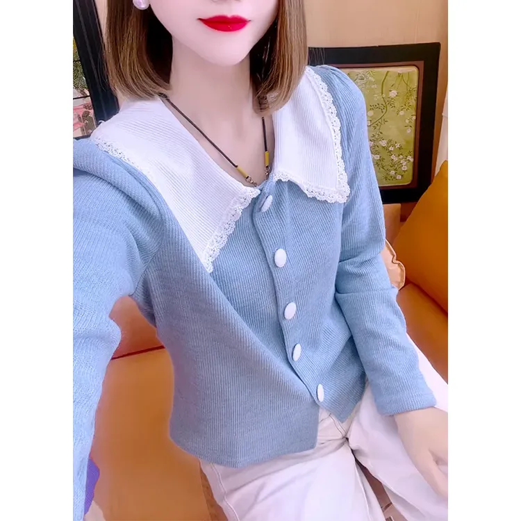 大码娃娃领针织开衫女秋季新款微胖妹妹宽松显瘦百搭减龄时尚上衣